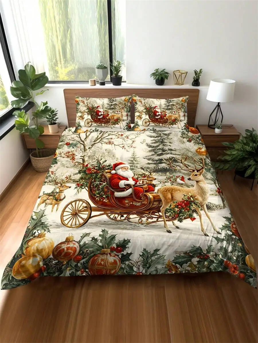 2/3pcs Christmas Tree Gift Box, Snowflake, Deer, Santa Clause Digital Printing Brushed Duvet Cover Set Soft For Guest Room, Dorm