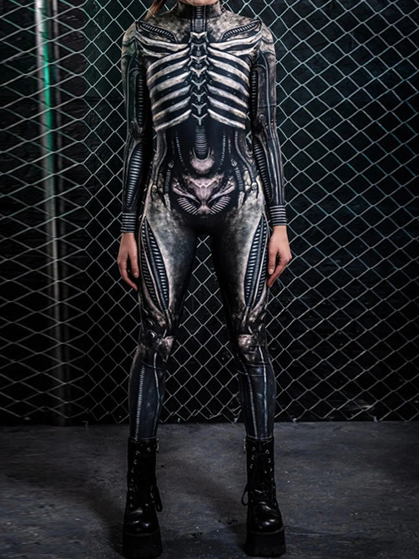 

Женский облегающий комбинезон с длинными рукавами и высоким воротом, скелетон, графический принт, осенний модный крутой базовый цельный костюм