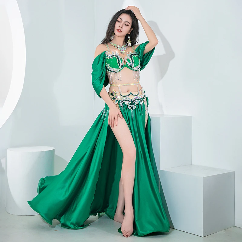 Belly Dance Performance Suit Senior AB Stones Bra+satin Split Long Skirt 2pcs for Women Oriental Belly Dancing Popsong Suit
