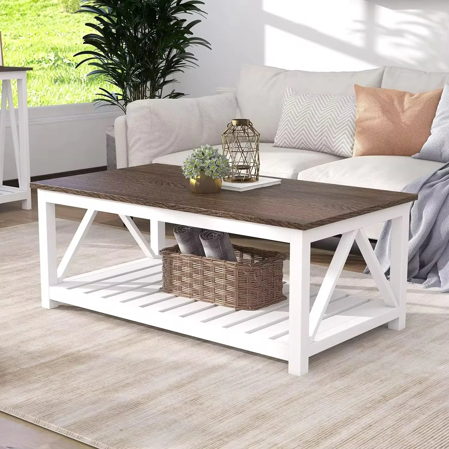 Farmhouse Coffee Table, Rustic Vintage Living Room Table with Shelf, 40 White