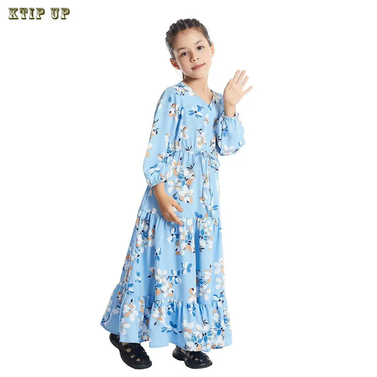 Ramadan Fashion Muslim Children Abaya Print Girl Maxi Dress Long Robe Gowns Kimono Cute Jubah Middle East Arab Islamic Clothing