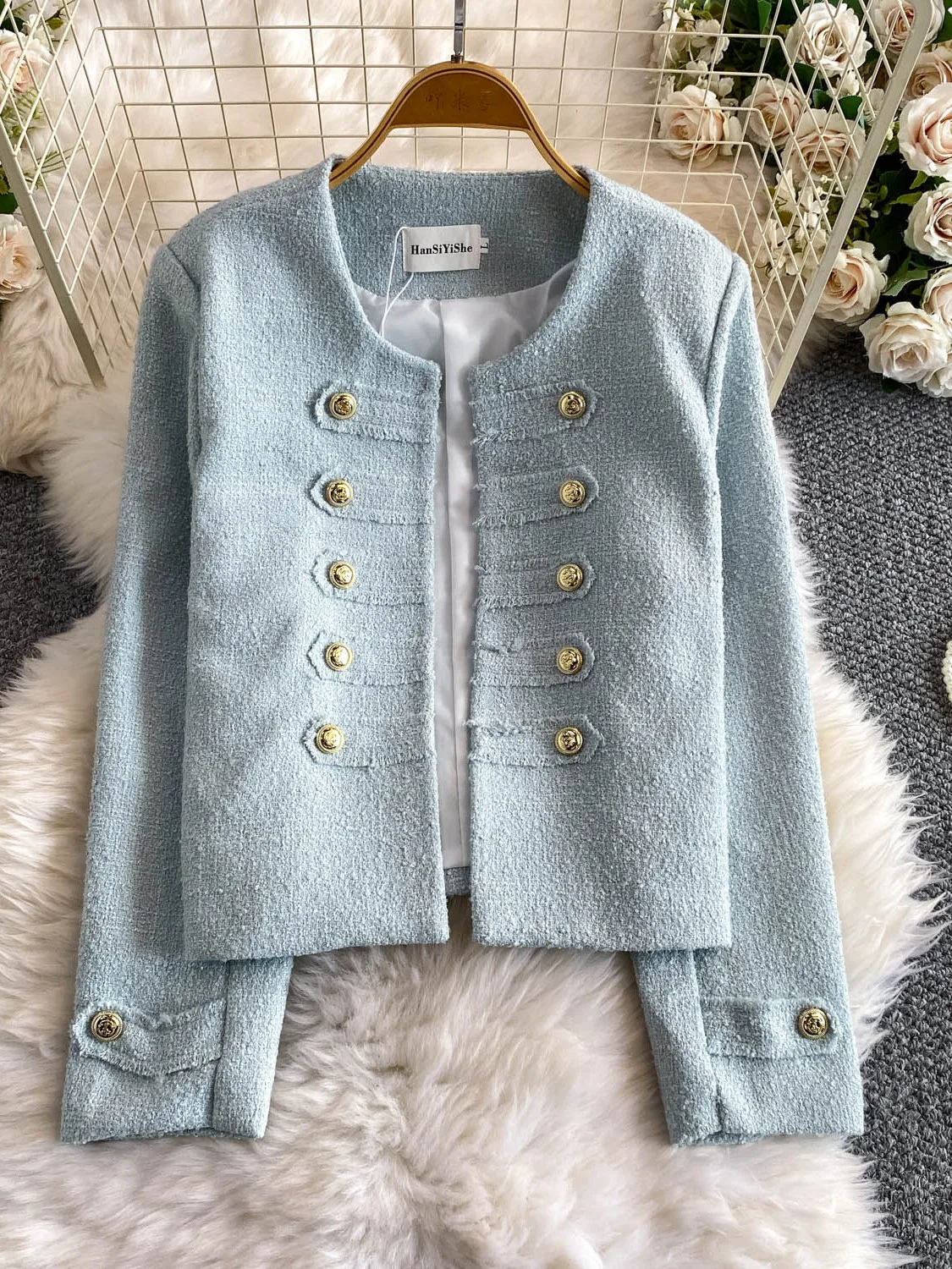 Elegant White Woolen Short Jacket Double Row Buttons Women's Fashionable Lightweight Luxury Name Lady Outerwear Commute Style...
