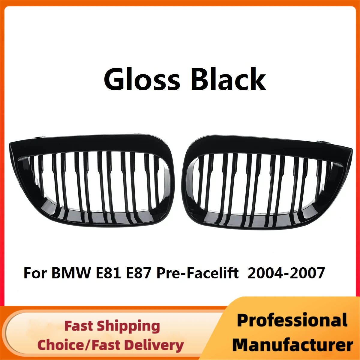 For BMW E81 E87 1-Series 128i 130i 135i 2004-2013 Front Bumper Kidney Grille 1Pair Double Slat Racing Grill Glossy Black Grille