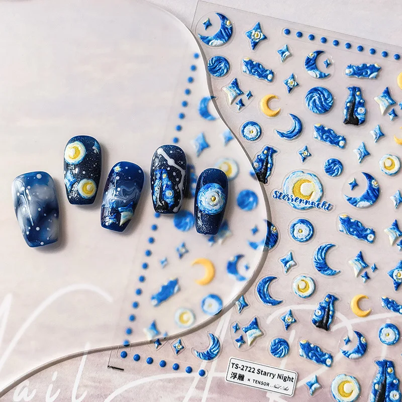 

5D Realistic Relief Blue Yellow Starry Night Sky Moon Starlight Adheisve Nail Art Stickers Decals Manicure Ornaments Accessories