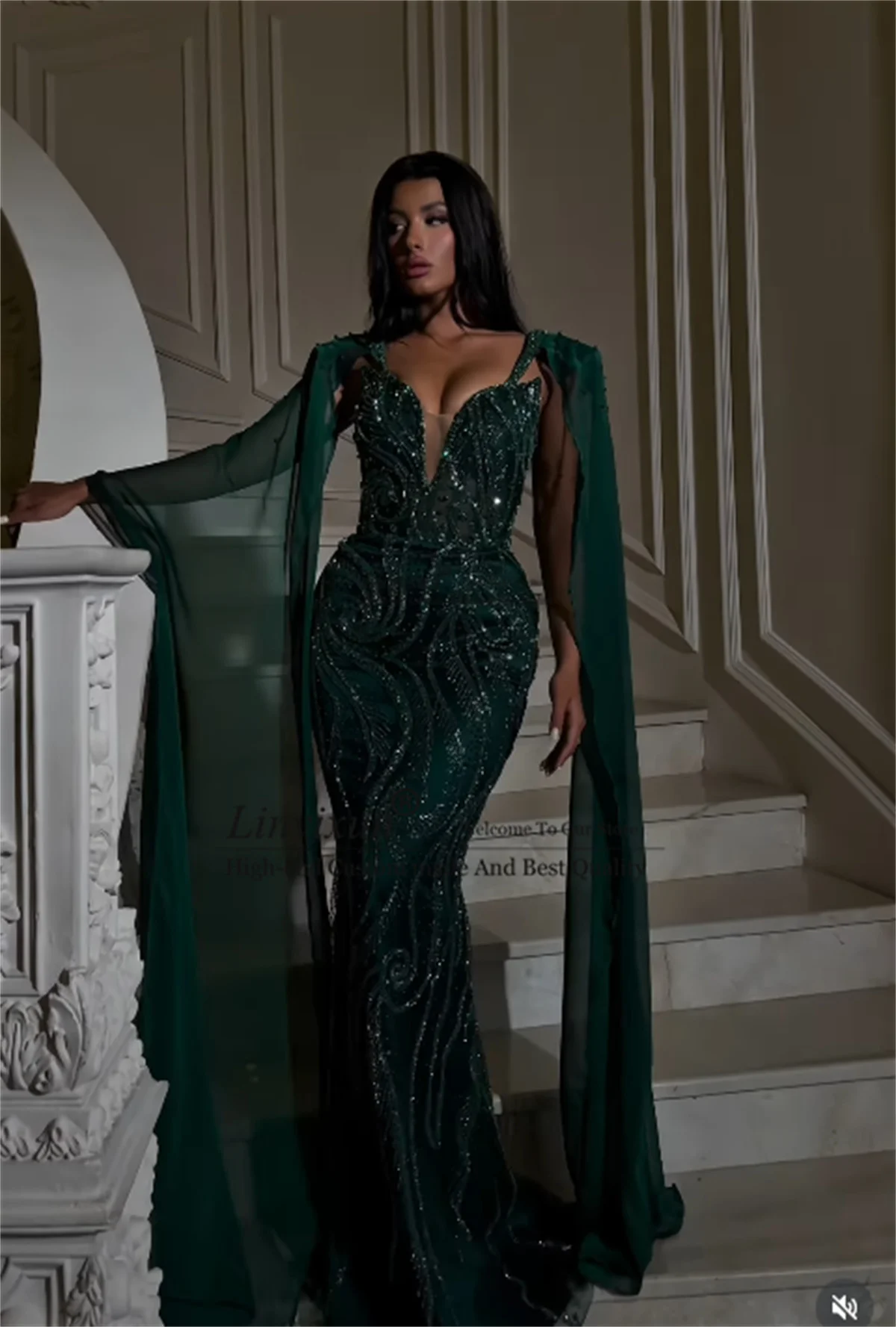 아랍 스타일 스팽글 머메이드 프롬 드레스, 케이프 소매, 맞춤형 반짝이 라인스톤 아소 에비 이브닝 가운, 아프리카 웨딩 파티 드레스