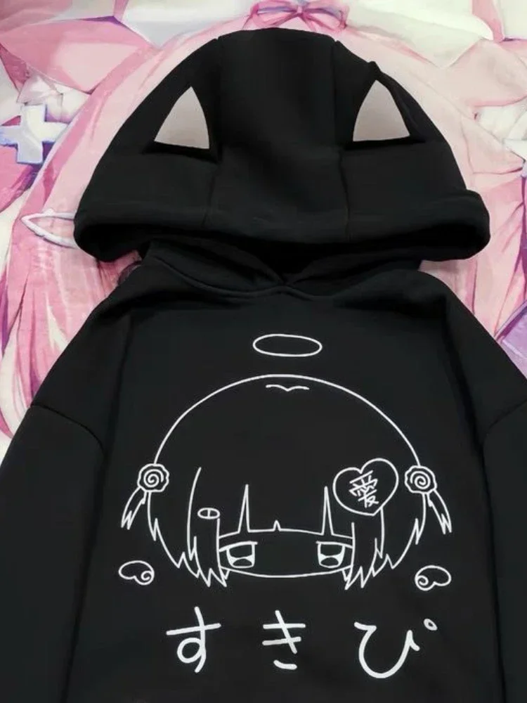 Japanese Cartoon Print Fleece Hoodies Women Harajuku Gothic Cat Ears Hooded Vintage Hoody Streetwear Y2k Aesthetic Sweatshirt