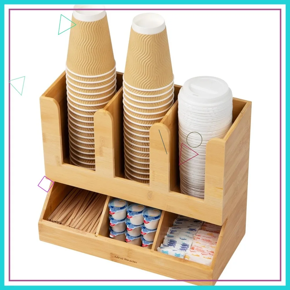 

Bamboo Cup and Condiment Organizer, Kitchen Countertop Storage, 13.625"L x 6.75"W x 11.5"H, Brown