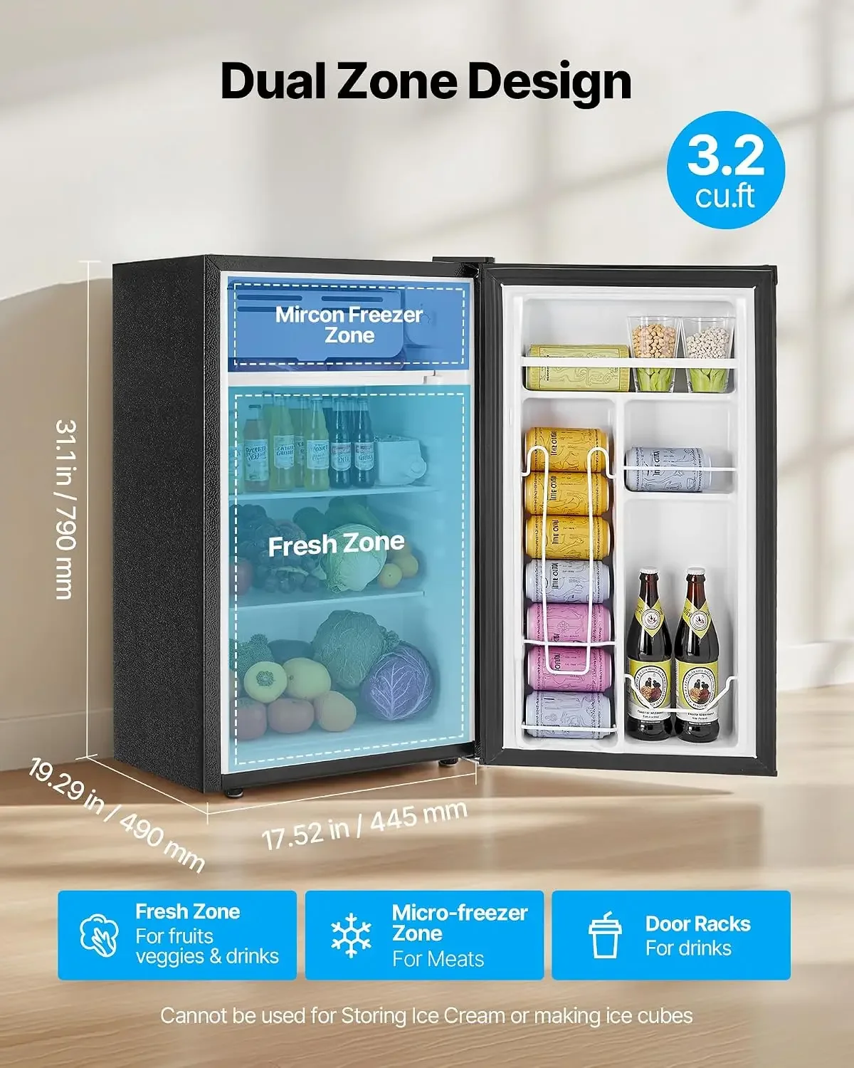 3.2 Cu.Ft Mini Fridge with Freezer, Single Door Compact Refrigerator with Micron Frozen Zone, 7-Mode Adjustable Temp, Energy Eff