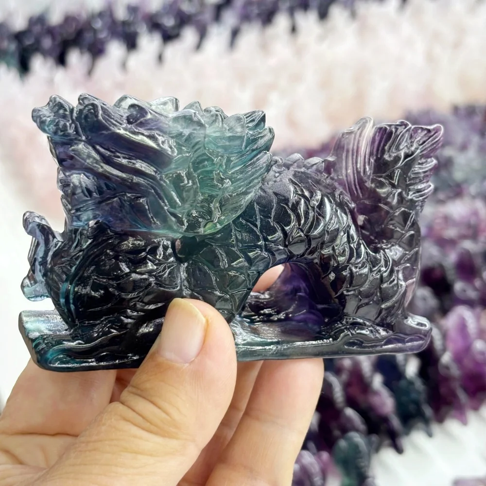 Natural Rainbow Fluorite Chinese Dragon Figurine Hand Carved Crystal Dragon Statue Healing Stone Home Desktop Feng Shui Decor Gi