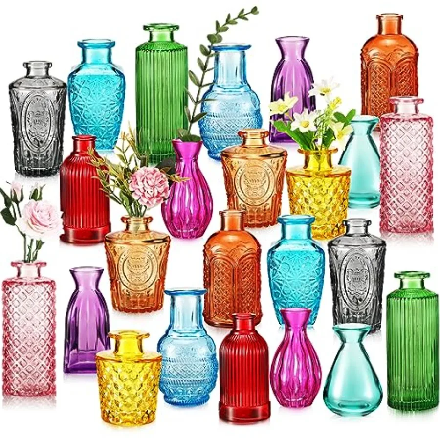 

24 Pieces Colored Small Vases Decorative Glass Bud Vases Rustic Embossed Colorful Bottles Vintage Glass Bottles for Flowers Hom