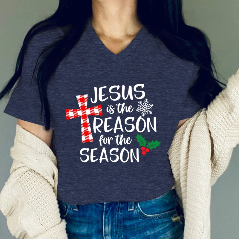 Y2K T-Shirt Women Christmas Jesus V-Neck Streetwear \