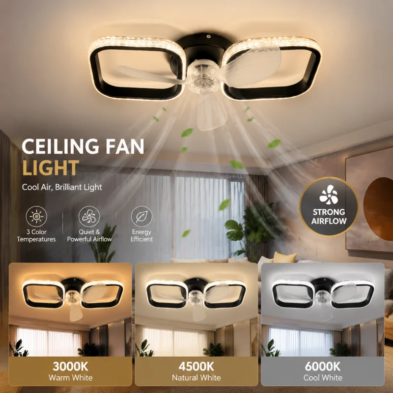 モダンなクリスタルシーリングファンライト、ledフラッシュマウントシーリングファンライト、寝室やキッチン用の静音省エネファンランプ
