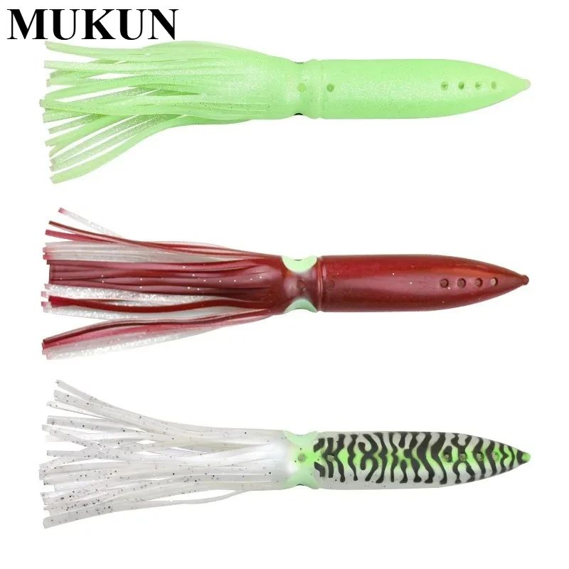 MUKUN 3 uds faldas de calamar y pulpo Señuelos de Pesca 31cm/67 falda luminosa de pulpo cebo de plástico para curricán aparejos de pesca de agua salada