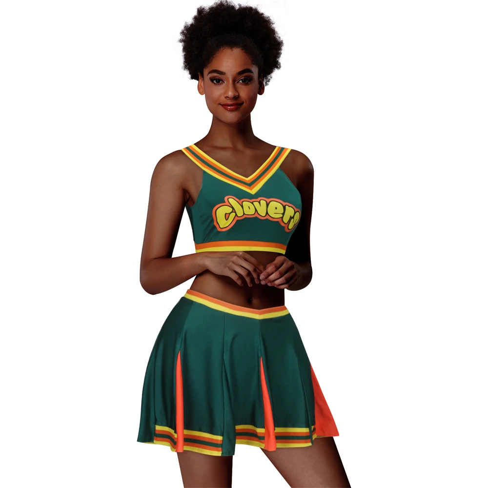 Trevos verdes escuros impressos uniforme de cheerleader para meninas, traga roupas de cheerleading, vestido de bola extravagante, regata, mini saia