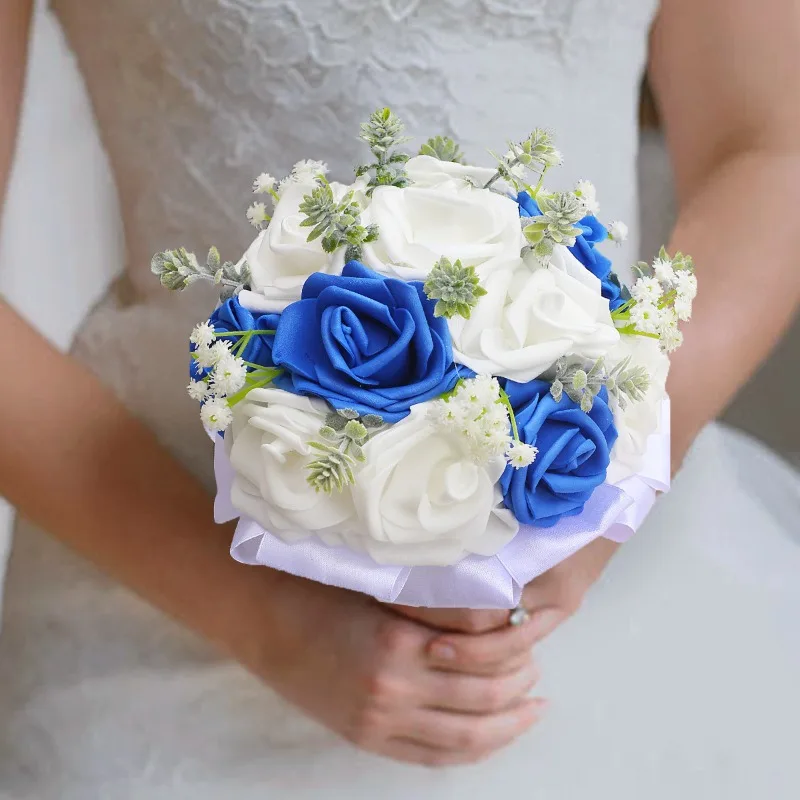 European American Sources Mori Bride Wedding Bouquet, Bridesmaid Flower Girl Sapphire Blue White PE Foam Rose Bouquet