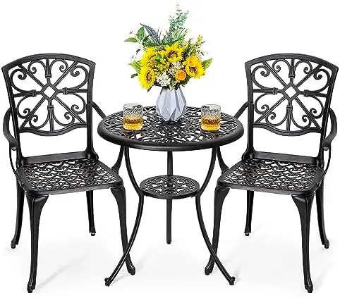 3 Piece Outdoor Bistro Set Cast Aluminum Patio Set Bistro Table Set Rustproof Patio Table and Chairs with Umbrella Hole