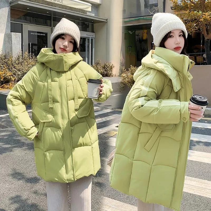 

Новинка 2025 года, женская теплая утепленная пуховая хлопковая куртка, корейское свободное хлопковое пальто с капюшоном, большой размер, женская зимняя длинная парка, женская верхняя одежда