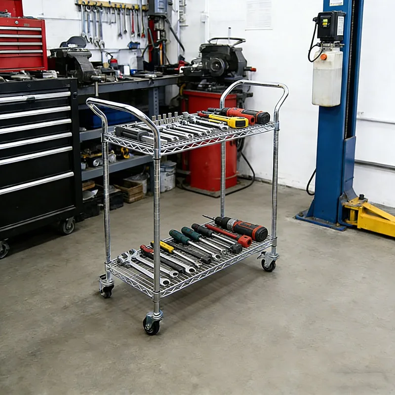 Double-layer double-armrest stainless steel chrome handcart, thickened silent anti-static turnover cart for workshops