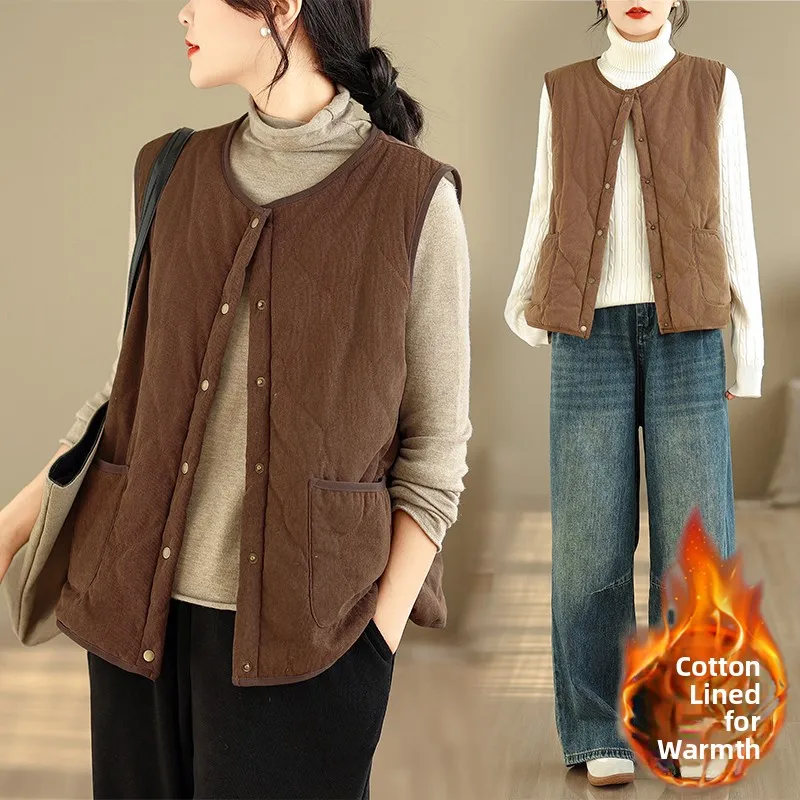 

Retro Japanese Style Short Corduroy Vest Women's Winter Cotton Warm Loose Outerwear Sleeveless Shoulder Pad Cotton Jacket