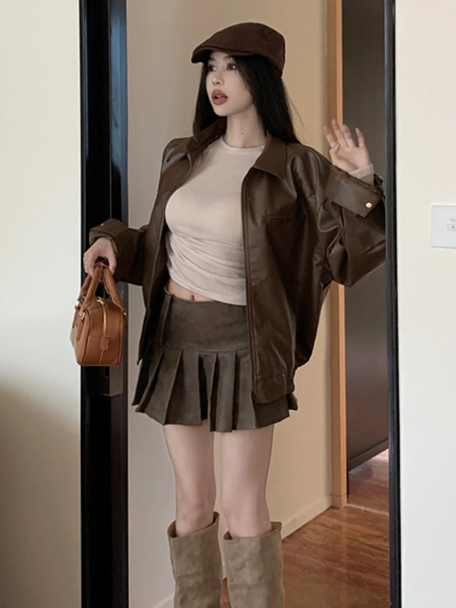Retro Hong Kong Style Motorcycle Jacket Leather Shirt Short Pleated  Skirt round Neck Base Shirt Three Piece Set Women