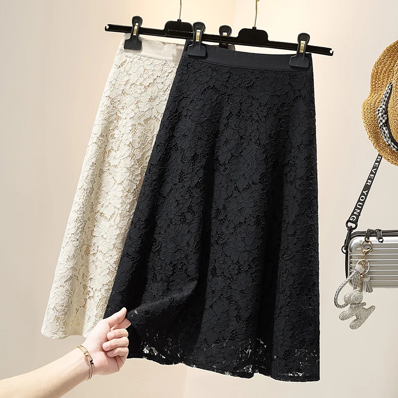 plus Size Lace Half Skirt Trendy Style for Heavy Sister MM High Waist A-Line Midi Skirt Korean Style Hollow out Design
