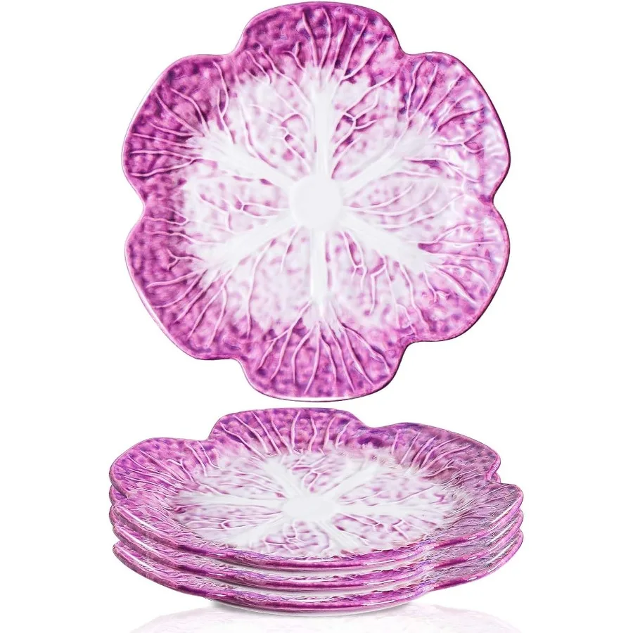 

Set of 4 Purple Ceramic Salad Plate 10.5 Inch Porcelain Decorative Plates for Kitchen Round Appetizer Bowl for Dessert Decorati