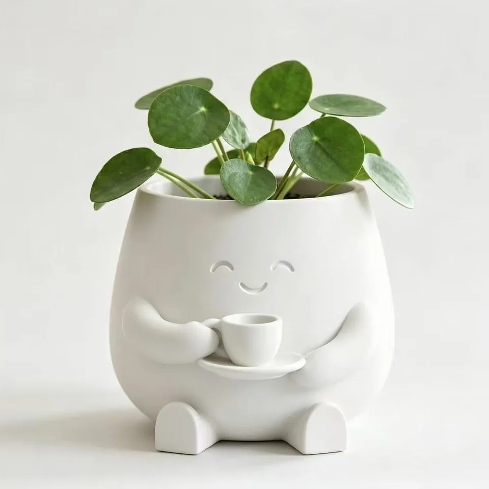 Novelty Cute Coffee Hugging Succulent Planter White Mini Ceramic Flower Pot Desktop Cactus Plant Pot Home Office Desk Decor Gift