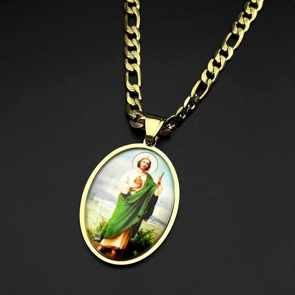 San Judas Tadeo Medal Pendant Necklace for Women Men Stainless Steel Gold Color Saints Apostle of Jesus Amulet Faith Jewelry