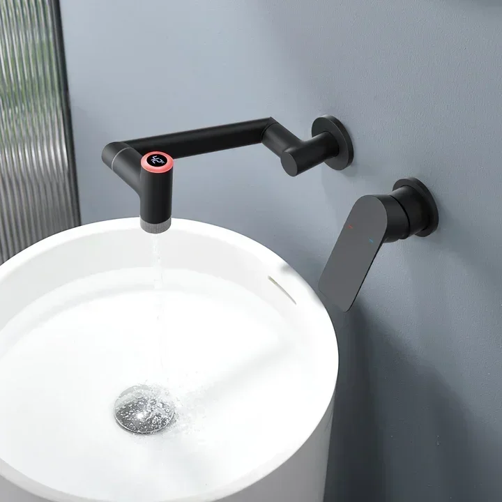 Single handle wall mounted bathroom faucet with temperature display Matt Black