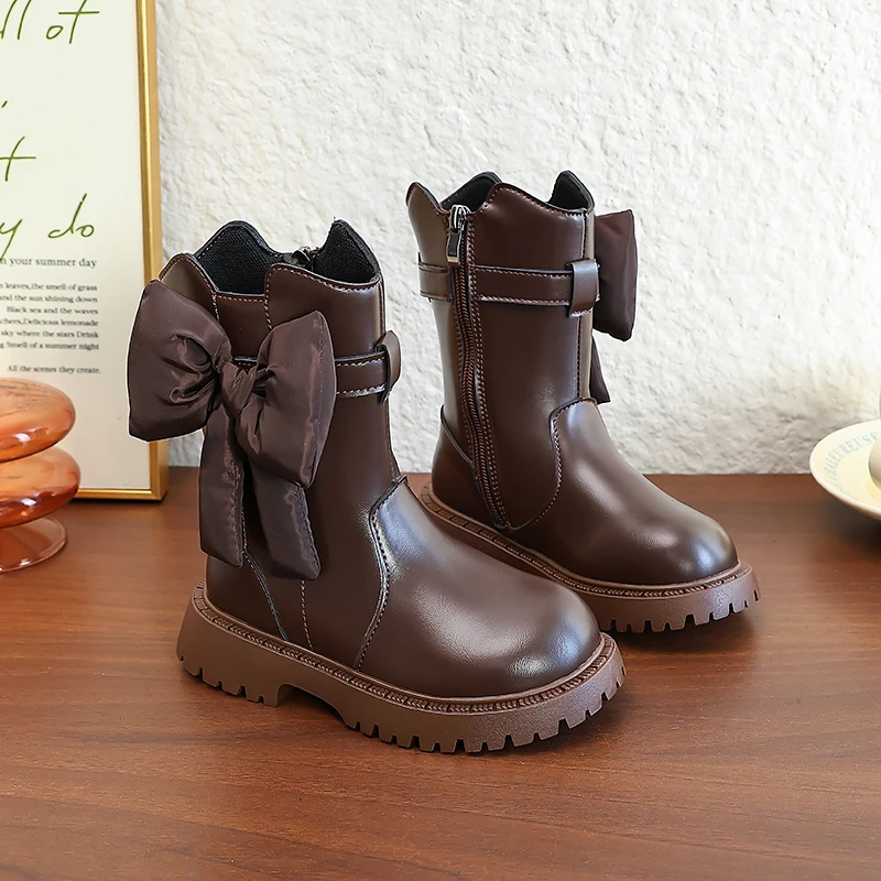 

Girls' fashionable leather boots sweet big bow 2025 Spring and Autumn new style children's low cut boots round head side zipper