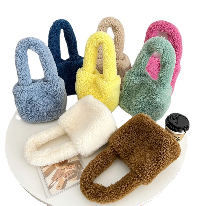 Faux Lamb Wool Women\'s Small Bucket Bags Winter Fashion Ladies Plush Shoulder Crossbody Bag Soft Furry Purse Female Handbags