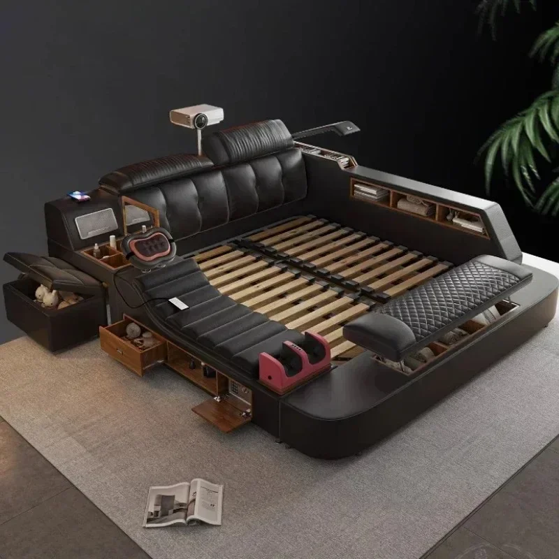 

Réplica de Cama cuero genuino con masajeador, altavoz seguro, tocador, proyector, trono SDisplay, Cama segura, tamaño Queen,