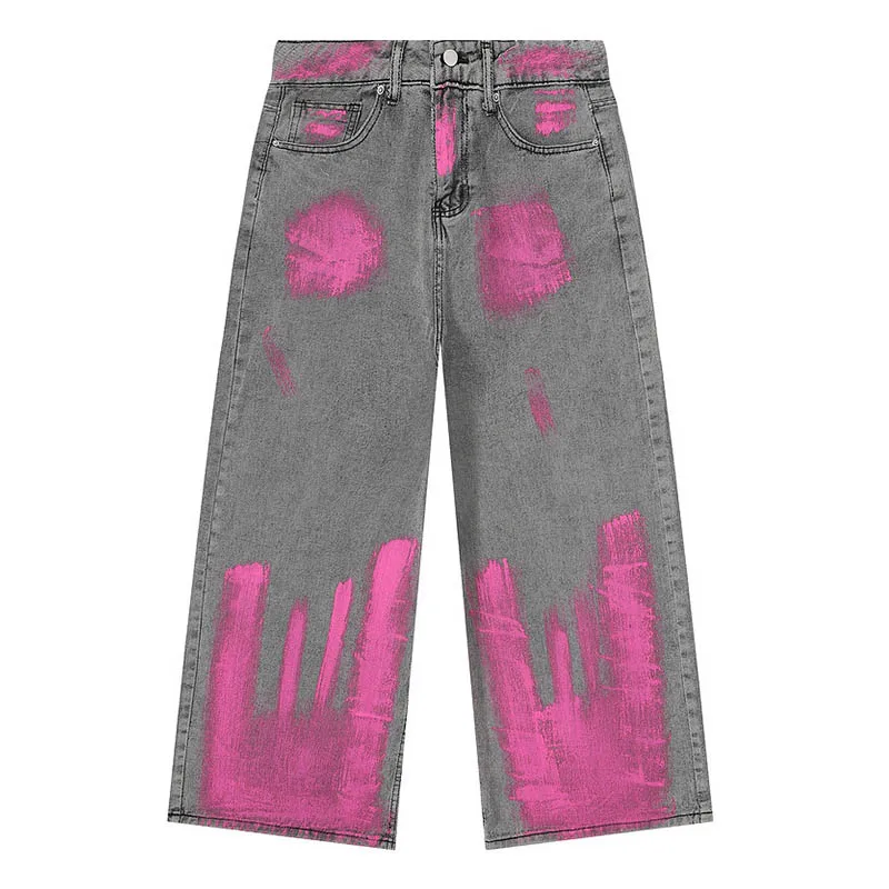 

Hi Street Graffiti Printed Jeans Pants Men Washed Baggy Loose Denim Trousers Straight