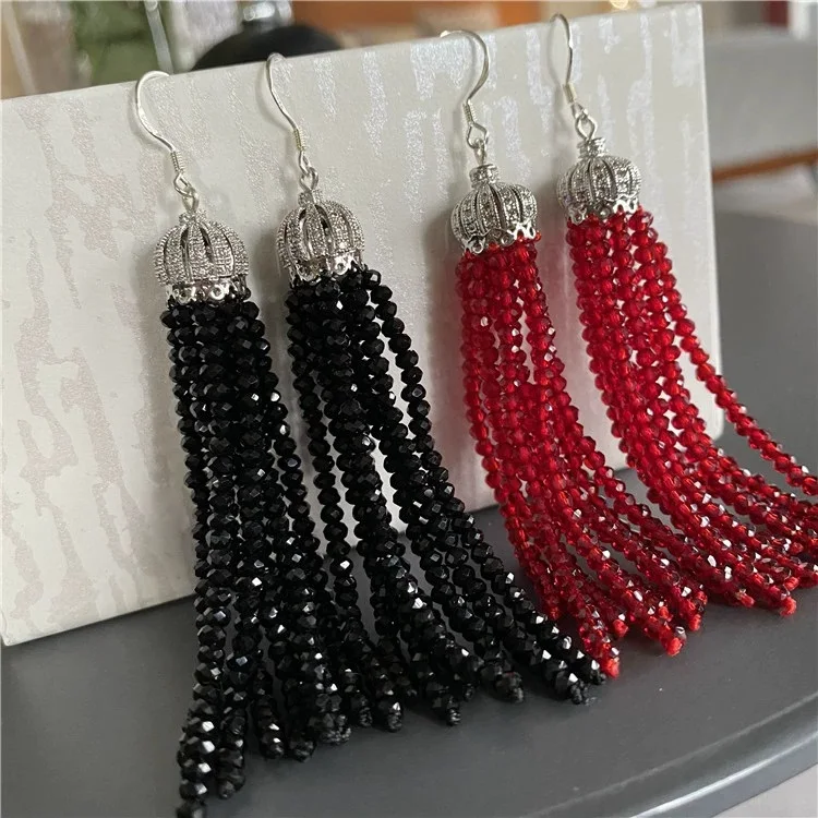 Dangle Tassel Earrings Glass Crystal Beads Tassel Zircon Balls Hook Earrings