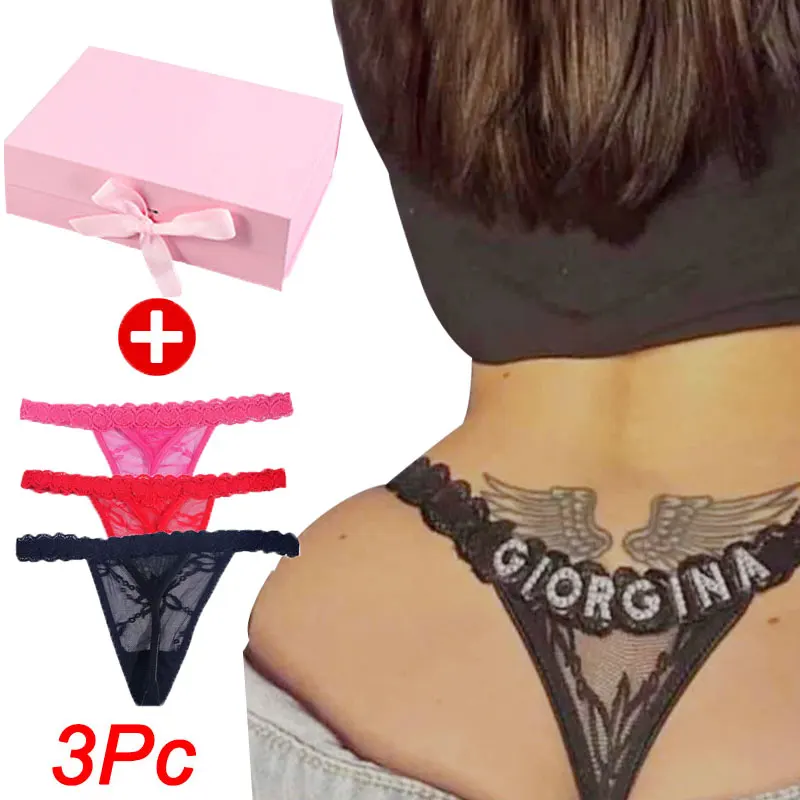 

Custom Thongs With Name Women Strings 3Pc/Sets Gift Set Sexy Panties Rhinestone Letter Christmas Gift For Girlfriend Lace Briefs