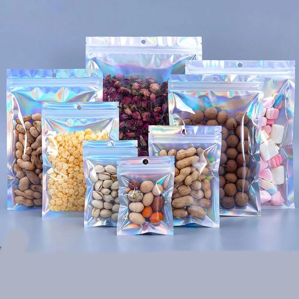 50Pcs Colorful Laser Packaging Bags Aluminum Foil Flat Bottom Self-Sealing Bags for Jewelry and Accessories Storage Sealing Bags