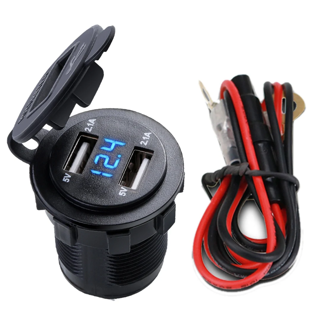 

4.2A Car 2 Port Dual USB Charge Adapter Cigarette Lighter Socket LED Voltmeter with Waterproof Cover for DC 12V-24V Cars