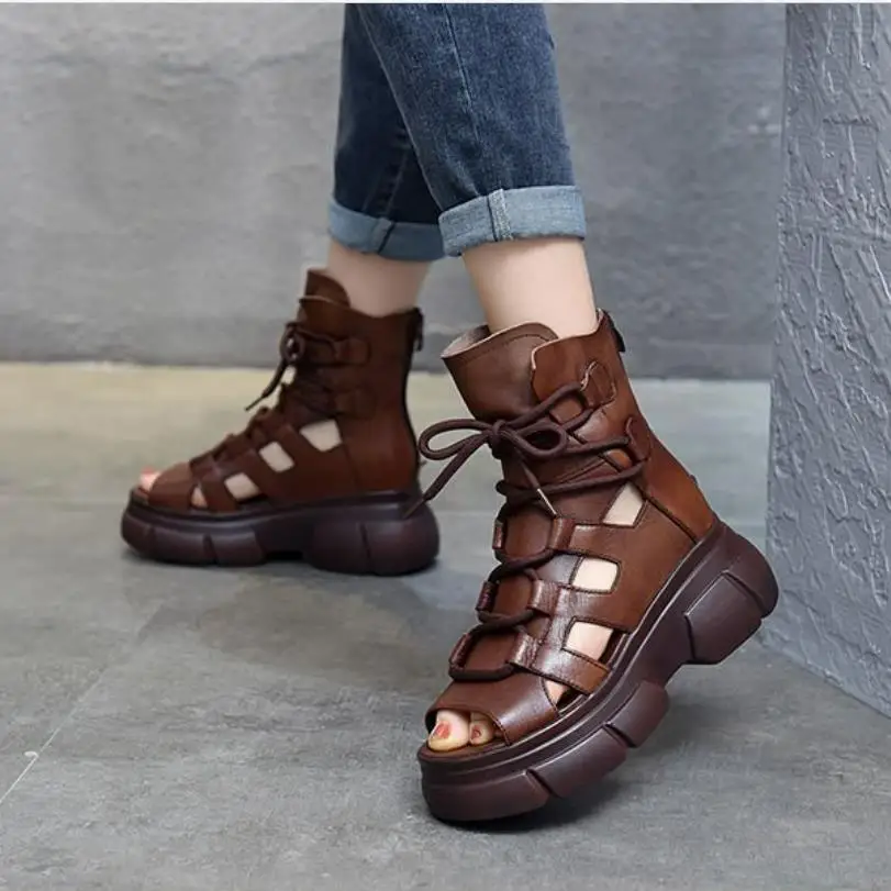 New Summer Hollowed-out Breathable Thin Roman Sandals Women High-heeled Platform Sandals Wedge Platform Gladiator Shoes