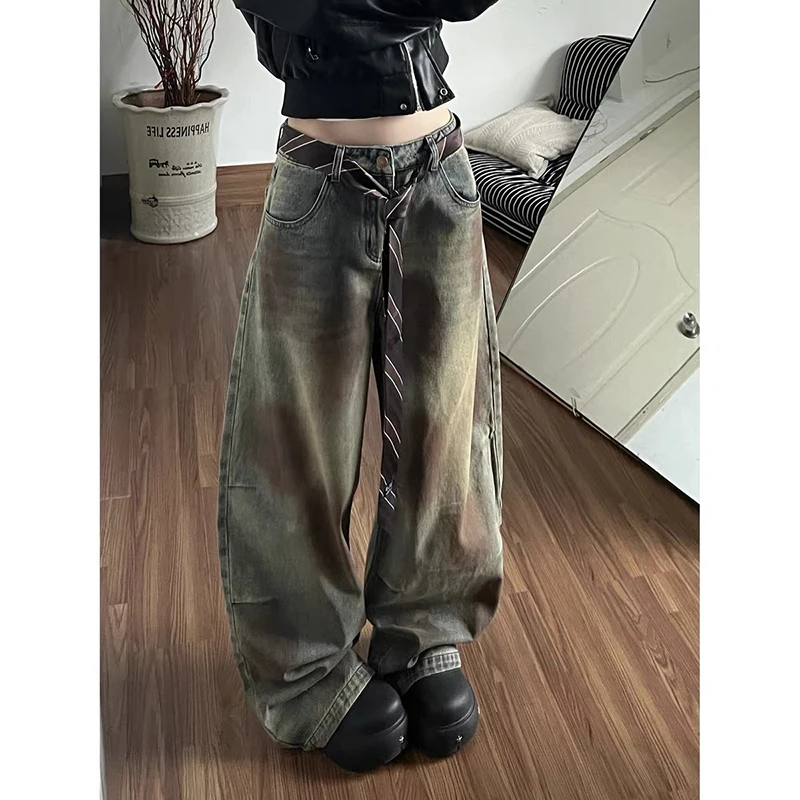 ZHIZOU Women Baggy Blue Cargo Jeans Embroidery Y2k Japanese Streetwear Cyber Punk Denim Pants Wide Fit Harajuku Cowboy 2000s New