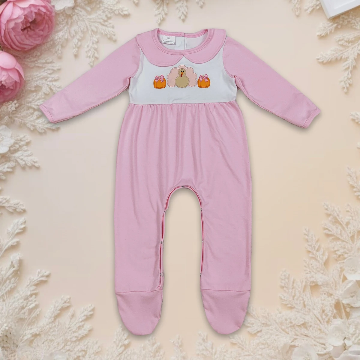 

Комбинезон для новорожденных на День Благодарения для маленьких девочек с вышивкой тыквы, Турция, с длинными рукавами, розовый клетчатый комбинезон для малышей, одежда