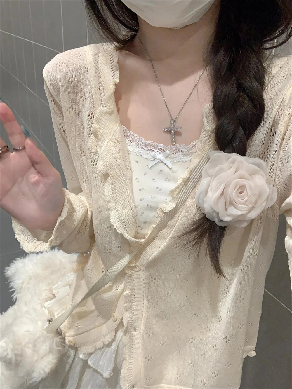 Korean Style Cute Hollow Out Thin Knit Cardigan Women Summer Black White Beige Pink Cardigan Long Sleeve Slim Short Button Top
