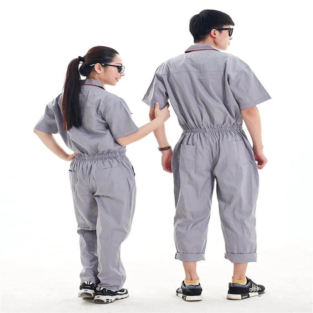 High quality Workshop Wear Clothes Unisex Summer Short Sleeves Engineering Uniform Patchwork Siamese   Cleaner Work Wear blue