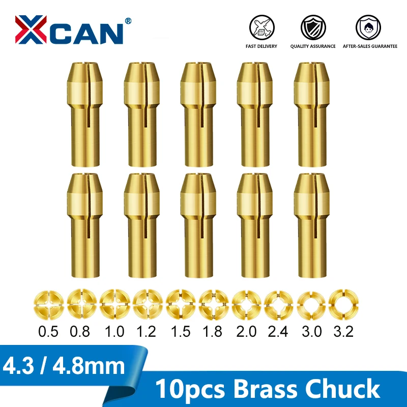 XCAN-Mini Portabrocas de taladro, adaptador de mandril de latón con vástago de 10 piezas, 0,5-3,2mm, 4,3/4,8mm, accesorio para herramienta rotativa