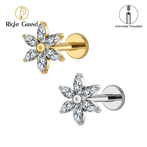 Right Grand ASTM F136 Titânio 16G Flor Marquise CZ Labret Stud Rosca Interna Hélice Conch Cartilagem Stud Tragus Nariz Lóbulo Da Orelha Parte Traseira Lisa Piercing Corpo Jóias
