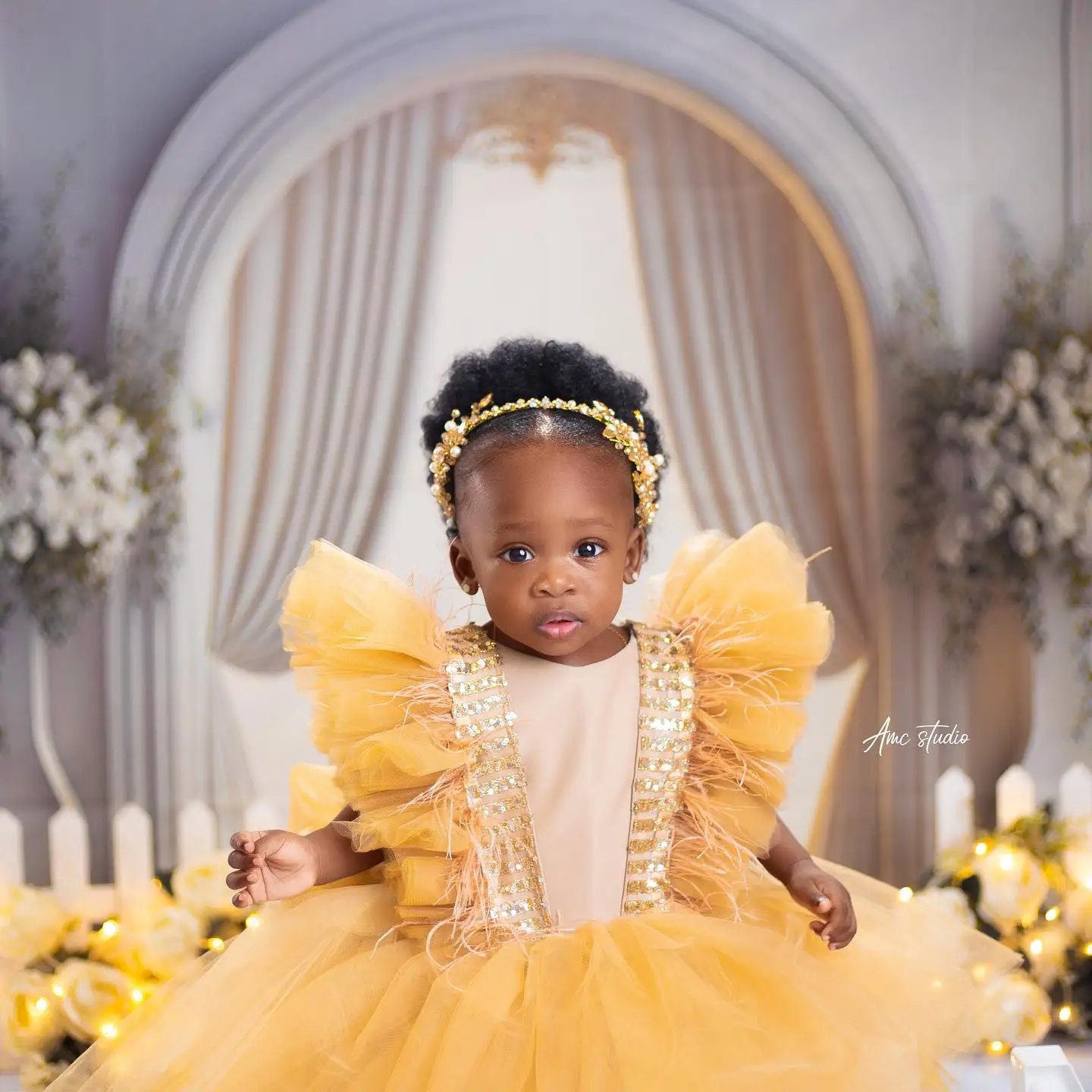 Vestido De Flor De Pena De Ouro Para Meninas, Babados, Comprimento Do Tornozelo, Vestido De Primeira Comunhão, Fotos De Aniversário, Vestidos De Tiro Para Festa