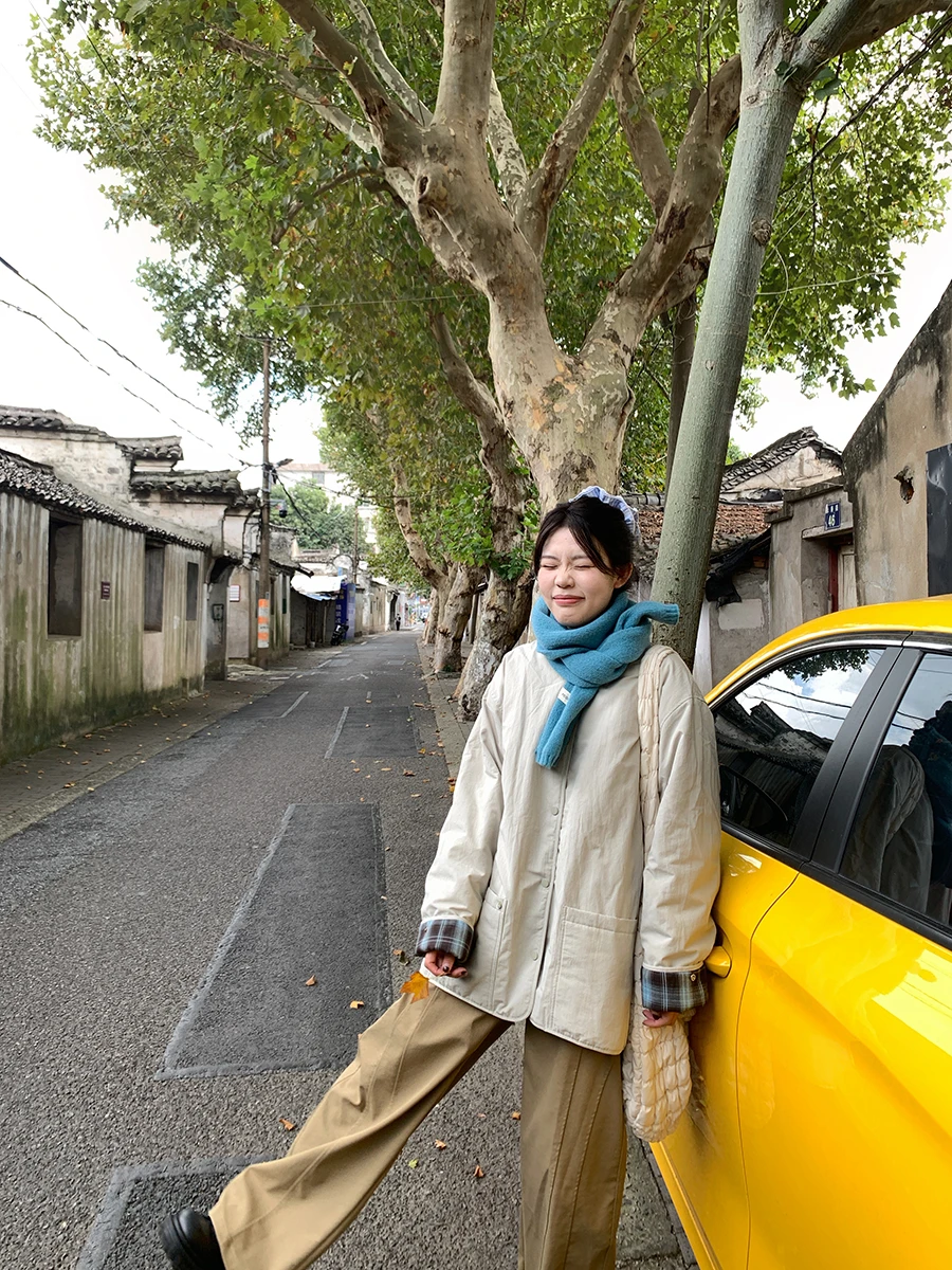 

Простой шикарный зимний пуховик Du с воротником, свободный крой, длинный све, клетчатый, контрастного цвета, ленивый, женский Faion Jaet