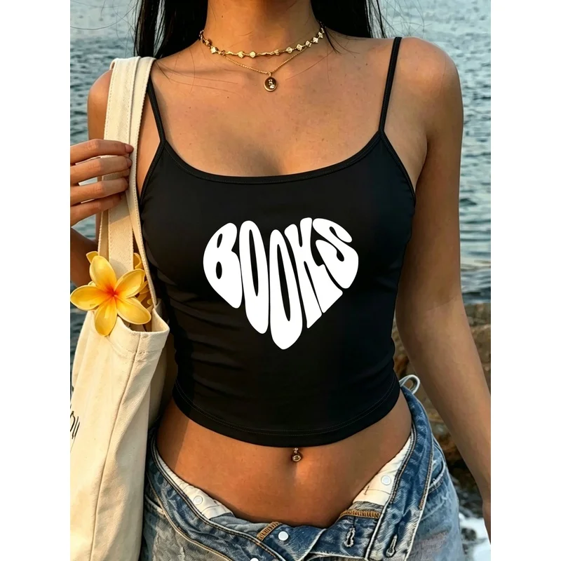 American Style Round Neck Cami Top - Love, Handwritten Font Print, Y2K Retro Hot Outfit, Adjustable Straps