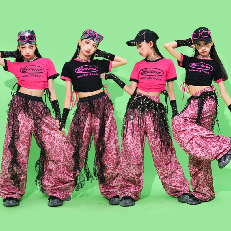 

Костюмы в стиле хип-хоп для девочек, одежда для уличных танцев, укороченный топ, розовые брюки-тафла, школьный костюм для выступлений, детский костюм, джазовый наряд 2333