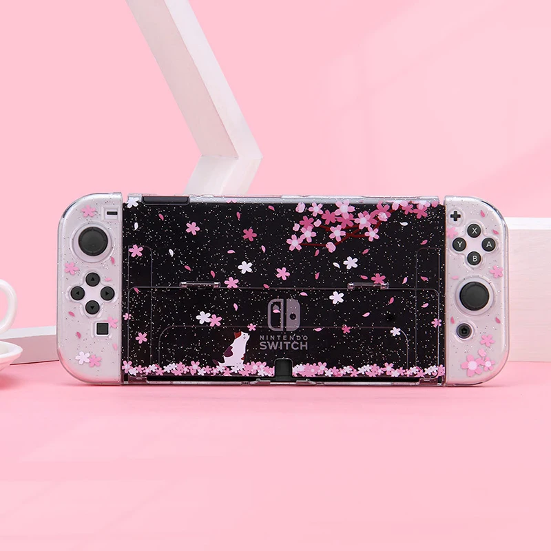 Sakura Glitter Transparent Clear Protective Hard Shell Case Cover Skin for Nintendo Switch Oled Accessories Dockable Case