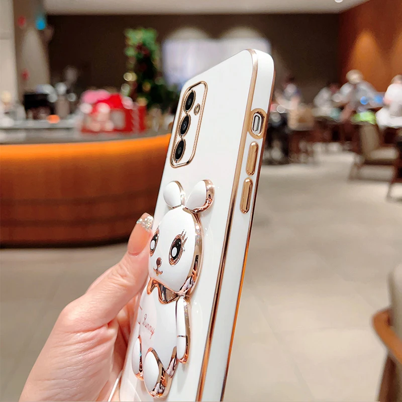 Cute Cartoon Rabbit Fold Stand For Samsung Galaxy A14 5G Phone Case With Lanyard Luxury Plating Cover image 6